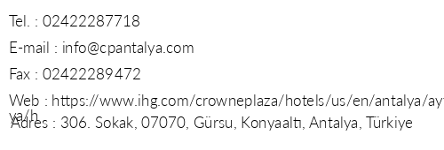 Crowne Plaza Antalya telefon numaralar, faks, e-mail, posta adresi ve iletiim bilgileri